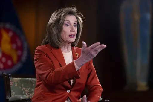Speaker of the House Nancy Pelosi, D-Calif., talks to The Associated Press about the impact of the Jan. 6 attack by a mob loyal to then-President Donald Trump, on Capitol Hill in Washington, Wednesday, Jan. 5, 2022. Pelosi said she can never forgive Trump or the rioters for the trauma that they inflicted on the congressional staff. (AP Photo/J. Scott Applewhite)