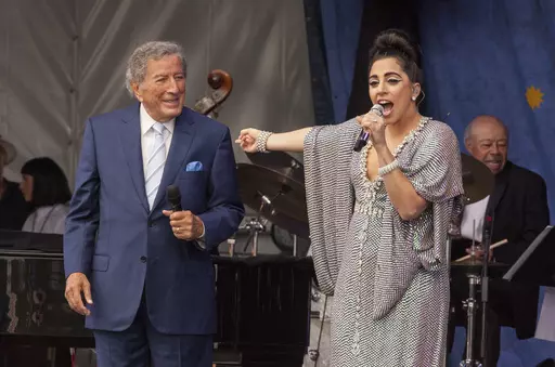 Tony Bennett, left, and Lady Gaga perform at the New Orleans Jazz & Heritage Festival, on April 26, 2015 in New Orleans. Bennett died Friday, July 21, 2023. at age 96. (Photo by Barry Brecheisen/Invision/AP, File)