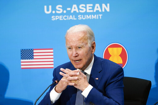 President Joe Biden participates in the U.S.-ASEAN Special Summit to commemorate 45 years of U.S.-ASEAN relations at the State Department in Washington, Friday, May 13, 2022. (AP Photo/Susan Walsh)
