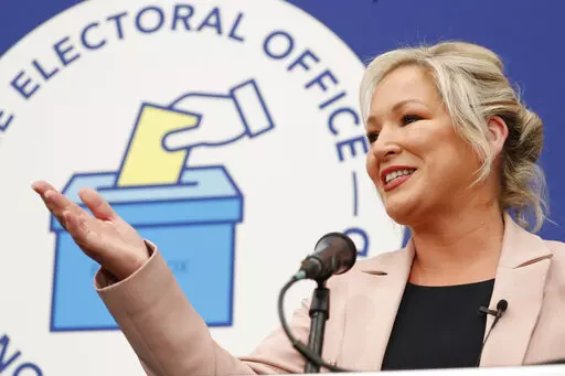 Sinn Fein's Michelle O'Neill speaks after topping the poll at the Medow Bank election count centre on Saturday, May, 7, 2022, in Magherafelt , Northern Ireland. (AP Photo/Peter Morrison)