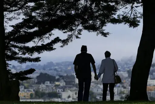 FILE- A man and woman walk under trees down a path at Alta Plaza Park in San Francisco. People in the final stretches of their working years feel less prepared to successfully age in their own homes than those who are 65 and older and already likely to have shifted into their retirement years. That age gap is among the key findings of The Associated Press-NORC Center for Public Affairs poll. (AP Photo/Jeff Chiu, File)