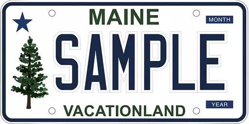 This image provided by the Maine Secretary of State’s Office shows Maine’s new license plate which is being unveiled Monday, Feb. 26, 2024 and gives a nod to the state’s first official flag with a simple pine tree and star. (Maine Secretary of State’s Office via AP)