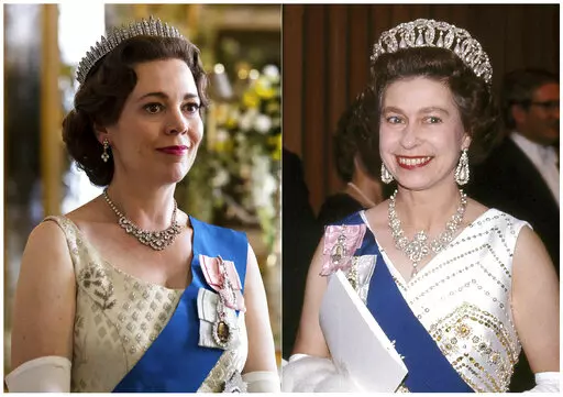 This combination of photos shows Olivia Colman portraying Queen Elizabeth II in a scene from the third season of "The Crown," left, and Queen Elizabeth II at the Sydney Opera House in Sydney, Australia on Oct. 20, 1973.  (Netflix, left, and AP Photo)