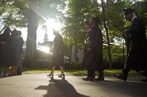 Graduates walk at a Harvard Commencement ceremony held for the classes of 2020 and 2021, Sunday, May 29, 2022, in Cambridge, Mass. The Department of Education says borrowers who hold eligible federal student loans and have made voluntary payments since March 13, 2020, can get a refund. (AP Photo/Mary Schwalm)
