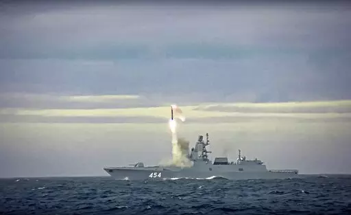 In this image taken from video released by Russian Defense Ministry Press Service on Saturday, May 28, 2022, a new Zircon hypersonic cruise missile is launched by the frigate Admiral Gorshkov of the Russian navy from the Barents Sea. Russia's Defense Ministry said the Russian navy successfully launched a new hypersonic missile from the Barents Sea. The ministry said the recently developed Zircon hypersonic cruise missile had struck its target about 1,000 kilometers away. (Russian Defense Ministr