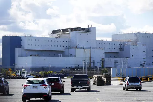 FILE — The Vernon C. Bain Correctional Center is seen docked in the Bronx borough of New York, Monday, Oct. 16, 2023. It arrived in 1992 as a temporary measure to ease overcrowding on Rikers Island, the city's main jail complex for detainees awaiting trial. Three decades later, the 800-bed lockup – believed to be the last operating prison ship in the United States — is finally closing down. (AP Photo/Seth Wenig, File)