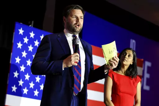 Republican Senate candidate JD Vance speaks to his supporters during an election night watch party, Tuesday, May 3, 2022, in Cincinnati. (AP Photo/Aaron Doster)