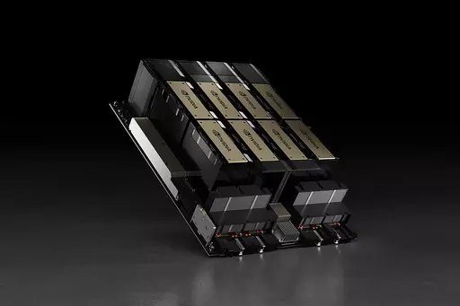 This photo provided by the chipmaker Nvidia shows the company’s HGX H100 module, which can use as many as eight AI chips to train artificial intelligence systems and perform other tasks. Such AI chips are tiny slivers of silicon designed to simplify and speed up the development of artificial intelligence systems such as ChatGPT, making them one of the hottest items in technology. (Nvidia via AP)