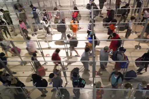 To prevent the spread of COVID-19, plexiglass keeps travelers separated as they make their way through the line to clear security at Love Field in Dallas, Friday, Dec. 31, 2021. (AP Photo/LM Otero)