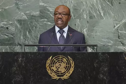 President of Gabon Ali Bongo Ondimba addresses the 77th session of the United Nations General Assembly, Wednesday, Sept. 21, 2022 at U.N. headquarters. Nearly a dozen soldiers took to state television and said they were overturning the presidential election and called for calm among the population Wednesday, Aug. 30, 2023.(AP Photo/Mary Altaffer, File)
