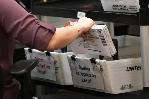 An election worker sorts vote-by-mail ballots at the Miami-Dade County Board of Elections, Monday, Oct. 26, 2020, in Doral, Fla. (AP Photo/Lynne Sladky, File)