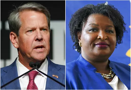 This combination of file photos shows Georgia Gov. Brian Kemp, left, on May 24, 2022, in Atlanta, and gubernatorial Democratic candidate Stacey Abrams on Aug. 8, 2022, in Decatur, Ga. The Georgia governor's race is a rematch of 2018, when Kemp narrowly defeated Abrams. (AP Photo/John Bazemore)