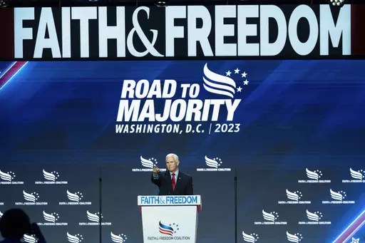 Republican presidential candidate former Vice President Mike Pence speaks during the Faith and Freedom Coalition Policy Conference in Washington, June 23, 2023. Pence is leaning in on his anti-abortion stance as he campaigns for the Republican presidential nomination. Pence says he does not support exceptions in the case of nonviable pregnancies, when doctors have determined there is no chance a baby will survive outside the womb.(AP Photo/Jose Luis Magana, File)
