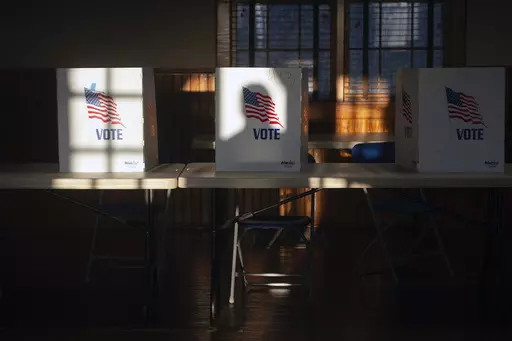 The shadow of a voter entering the precinct at St. Joseph Catholic Church in Gluckstadt, Miss., is cast on a privacy divider for people filling out ballots at Precinct 205 at during the primary election Tuesday, March 12, 2024. (Barbara Gauntt/The Clarion-Ledger via AP)