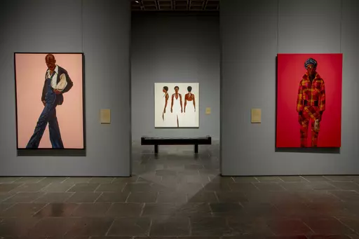 Artworks from the Barkley L. Hendricks exhibition are displayed on Monday, Sept. 18, 2023 at The Frick Madison in New York. Hendricks, who died in 2017, is the first artist of color to have a solo exhibit at the Frick. “Barkley L. Hendricks: Portraits at the Frick” is open now through Jan. 7, 2024. (Photo by Andy Kropa/Invision/AP)
