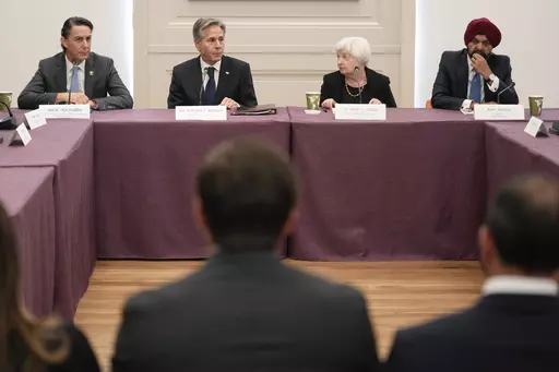 Secretary of State Antony Blinken, second from left, participates in global infrastructure and investment forum with Amos Hochstein, left, senior advisor to the president on energy and and investment, Janet Yellen, second from right, United States Secretary of Treasury, and Ajay Banga, right, World Bank president, in New York, Sept. 21, 2023. Economic crises are rippling through the countries bordering Israel. That raises the possibility of a chain reaction from the war against Hamas that furthe