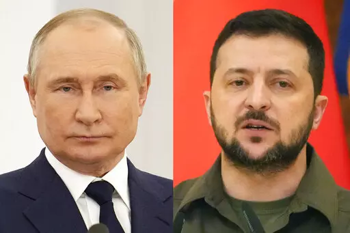 Russian President Vladimir Putin at the Kremlin in Moscow, on April 26, 2022, and Ukrainian President Volodymyr Zelenskyy in Kyiv, Ukraine, on May 8, 2022. An interminable and unwinnable war in Europe? That's what NATO leaders fear and are bracing for as Russia's war in Ukraine grinds into its third month with little sign of a decisive military victory for either side, and no resolution in sight. (AP Photo)