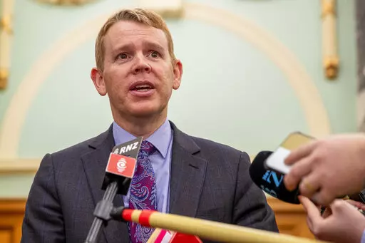 New Zealand Police Minister Chris Hipkins during his press conference at Parliament, Wellington, New Zealand, Thursday, June 30, 2022. New Zealand's government has declared that American far-right groups the Proud Boys and The Base are terrorist organizations. (Mark Mitchell/New Zealand Herald via AP)