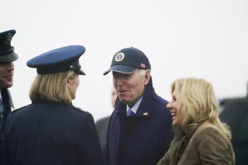 President Joe Biden and first lady Jill Biden arrive at Andrews Air Force Base, Md., Sunday, Nov. 26, 2023. (AP Photo/Stephanie Scarbrough)
