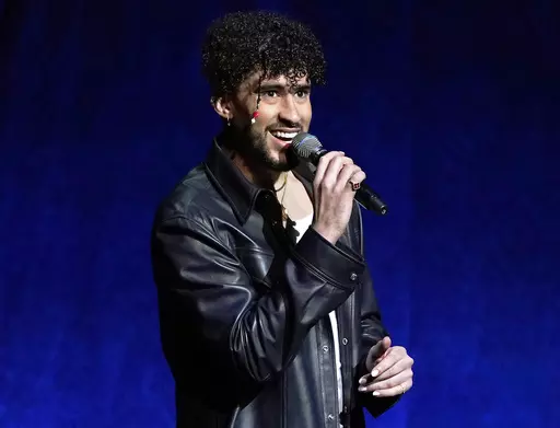 Bad Bunny speaks at the Sony Pictures Entertainment presentation at CinemaCon 2022 in Las Vegas on April 25, 2022. In March 2023, Bad Bunny’s ex–girlfriend is suing the superstar for at least $40 million over a well-known voice recording she provided the singer before he became famous. (AP Photo/Chris Pizzello, File)