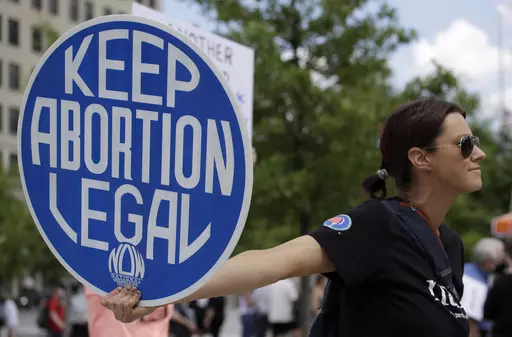 An abortion-rights demonstrator holds a sign during a rally, May 14, 2022, in Chattanooga, Tenn. On Wednesday, April 10, 2024, Republican lawmakers in Tennessee advanced legislation making it illegal for adults to help minors get an abortion without parental consent. (AP Photo/Ben Margot, File)