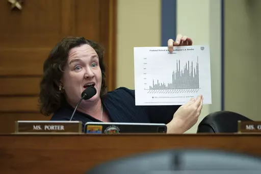 Rep. Katie Porter, D-Calif., asks questions during a hearing, Feb. 7, 2023, in Washington. Porter built a social media reputation by wielding a white board at congressional hearings, and that helped propelled her campaign for the Senate. But on Super Tuesday, the numbers didn't add up for her in the primary and she'll be out of a job in Washington come January. (AP Photo/Kevin Wolf)