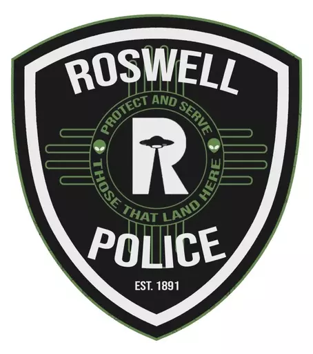This image provided by the Roswell Police Dept. shows the new uniform patch. Famous for being the spot where a spacecraft purported crashed in 1947, Roswell, New Mexico, has become a mecca for people fascinated by extraterrestrial phenomenon. So it's only fitting that the city’s police force has uniform patches that are out of this world. The new patch was unveiled on Friday, March 8, 2024. (Roswell Police Dept. via AP)