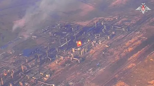 This photo taken from video released by Russian Defense Ministry Press Service on Monday, Feb. 19, 2024, shows an aerial view of the Avdiivka Coke and Chemical Plant, eastern Ukraine. Russian forces have taken complete control of the Ukrainian city of Avdiivka. Russian Defense Minister Sergei Shoigu told the Kremlin on Saturday that Russian forces were now working to clear the final pockets of resistance at the Avdiivka Coke and Chemical Plant, officials said in a statement. (Russian Defense Min