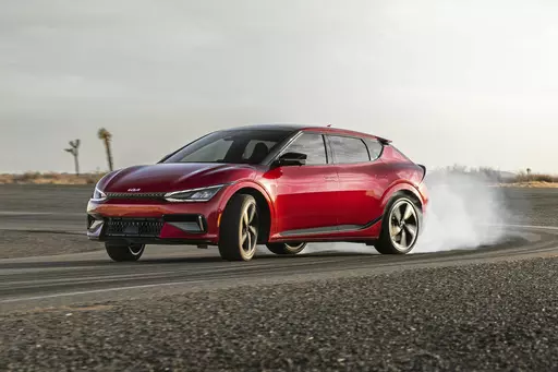 This photo provided by Kia, shows the 2023 Kia EV6 GT, a performance variant of their all-electric compact SUV. (Courtesy of Kia America via AP)