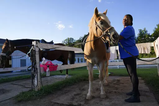 Dionne Williamson, of Patuxent River, Md., grooms Woody before her riding lesson at Cloverleaf Equine Center in Clifton, Va., Tuesday, Sept. 13, 2022. After finishing a tour in Afghanistan in 2013, Williamson felt emotionally numb. As the Pentagon seeks to confront spiraling suicide rates in the military ranks, Williamson’s experiences shine a light on the realities for service members seeking mental health help.  (AP Photo/Susan Walsh)