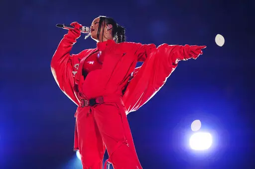 Rihanna performs during the halftime show at the NFL Super Bowl 57 football game between the Kansas City Chiefs and the Philadelphia Eagles, Sunday, Feb. 12, 2023, in Glendale, Ariz. (AP Photo/Matt Slocum)