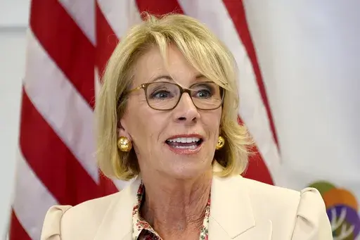 In this Oct. 15, 2020, file photo Secretary of Education Betsy DeVos speaks at the Phoenix International Academy in Phoenix. (AP Photo/Matt York, File)
