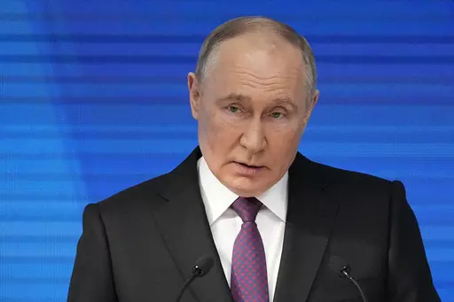 Russian President Vladimir Putin delivers his state-of-the-nation address in Moscow, Russia, Thursday, Feb. 29, 2024. (AP Photo/Alexander Zemlianichenko)