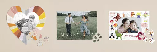 This combination of images shows a variety of personalized puzzles offered by Minted. There are square and heart-shaped layouts, and you can pick black & white or color reproductions. It’s a nice way to celebrate family moments. (Minted via AP)