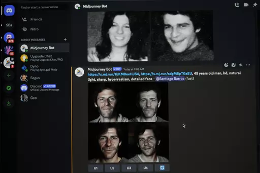 The computer screen of Santiago Barros shows old photographs of couple Maria Eugenia Gonzalez and Nestor Oscar Junquera, who disappeared during the 1976-1983 dictatorship, above AI-generated images, using an app called Midjourney, of what their stolen son might look like today, in Buenos Aires, Argentina, Thursday, Aug. 2, 2023. Barros using artificial intelligence to create images of what the children of parents who disappeared during the dictatorship might look like as adults and uploads them 