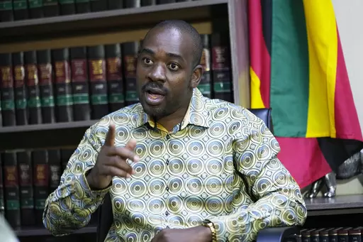Zimbabwe's main opposition leader Nelson Chamisa speaks during an interview with the Associated Press at his offices in Harare, Monday, Aug 31, 2023.Chamisa accused President Emmerson Mnangagwa of "violating the law" and "tearing apart" independent institutions to cling on to power.(AP Photo/Tsvangirayi Mukwazhi)