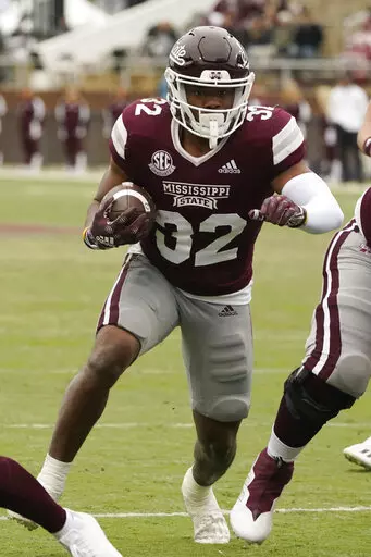 Mississippi State running back J.J. Jernighan (32) runs into the end zone for a two-yard touchdown pass reception during the second half of an NCAA college football game against East Tennessee State in Starkville, Miss., Saturday, Nov. 19, 2022. Mississippi State won 56-7. (AP Photo/Rogelio V. Solis)