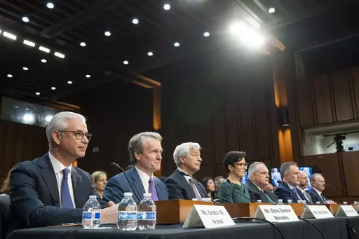 Charles W. Scharf, CEO and President, Wells Fargo & Company; Brian Thomas Moynihan, Chairman and CEO, Bank of America; Jamie Dimon, Chairman and CEO, JPMorgan Chase & Co.; Jane Fraser, CEO, Citigroup; Ronald O'Hanley, CEO, State Street; Robin Vince, CEO, BNY Mellon; David Solomon, CEO, Goldman Sachs; and James P. Gorman, CEO, Morgan Stanley, testify during a Senate Banking, Housing, and Urban Affairs Committee oversight hearing to examine Wall Street firms on Capitol Hill, Wednesday, Dec. 6, 202