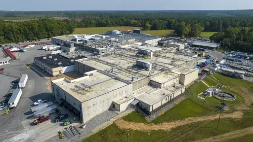 An aerial view of the Boar's Head processing plant that was tied to a deadly food poisoning outbreak, Aug. 29, 2024, in Jarratt, Va. (AP Photo/Steve Helber, File)