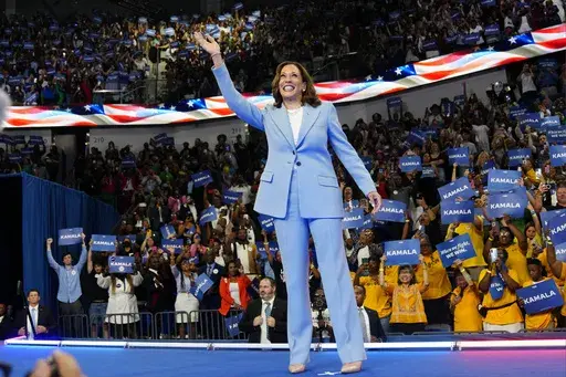 Vice President Kamala Harris waves during a campaign rally, July 30, 2024, in Atlanta. (AP Photo/John Bazemore, File)