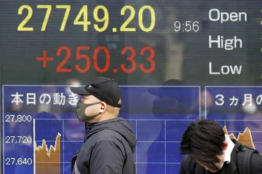 A person wearing a protective mask walks in front of an electronic stock board showing Japan's Nikkei 225 index at a securities firm Friday, March 3, 2023, in Tokyo. Asian stock markets followed Wall Street higher Friday after a Federal Reserve official raised hopes the U.S. central bank might not step up its anti-inflation fight as much as feared. (AP Photo/Eugene Hoshiko)