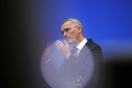 NATO Secretary General Jens Stoltenberg speaks during a media conference after convening an online NATO leaders summit at NATO headquarters in Brussels, Friday, Feb. 25, 2022. U.S. President Joe Biden and his NATO counterparts will seek Friday to reassure member countries on the alliance's eastern flank that their security is guaranteed as Russia's large-scale invasion of Ukraine closes in on the capital Kyiv. (AP Photo/Olivier Matthys)