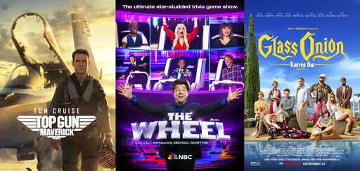 This combination of images shows "Top Gun: Maverick," streaming Dec. 22 on Paramount+, left, "The Wheel," a celebrity game show hosted by British comedian Michael McIntyre, premiering Dec. 19 on NBC, center, and "Glass Onion: A Knives Out Mystery" streaming Dec. 23 on Netflix. (Paramount+/NBC/Netflix via AP)