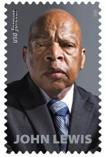 This image provided by the U.S. Postal Service on Tuesday, Dec. 13, 2022, shows a new postage stamp honoring the late congressman and civil rights giant John Lewis. (U.S. Postal Service via AP0