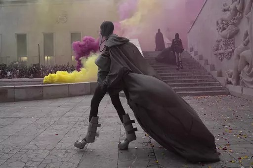 A model wears a creation for Rick Owens Spring/Summer 2024 womenswear fashion collection presented Thursday, Sept.28, 2023 in Paris. (AP Photo/Michel Euler)
