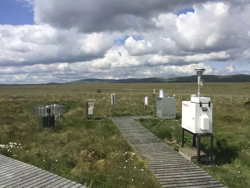 This photo provided by the National Physical Laboratory in June 2023 shows air sampling filters stationed at the Auchencorth Moss research facility in Scotland. In a study published Monday, May 5, 2023, in the journal Current Biology, researchers found that air quality monitoring stations — which pull in air to test for pollution — also pick up lots of DNA that can identify local wildlife. The method could help solve the tricky challenge of keeping tabs on biodiversity. (National Physical La