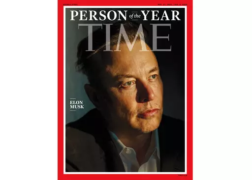 This photo provided by Time magazine shows Elon Musk on the cover of the magazine's Dec. 27 - Jan 3 double issue announcing Musk as their 2021 "Person of the Year." (Time via AP)