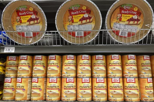 Canned pumpkin and graham cracker shell crusts are displayed at a Publix Supermarket, Tuesday, Nov. 16, 2021 in North Miami, Fla. Americans are bracing for a costly Thanksgiving this year, with double-digit percent increases in the price of turkey, potatoes, stuffing, canned pumpkin and other staples. (AP Photo/Marta Lavandier, File)
