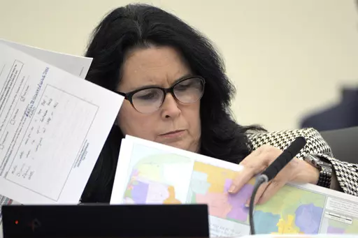 State Sen. Kelli Stargel looks through redistricting maps during a Senate Committee on Reapportionment hearing on Jan. 13, 2022, in Tallahassee, Fla. A Florida redistricting plan pushed by Gov. Ron DeSantis violates the state constitution and is prohibited from being used for any future U.S. congressional elections since it diminishes the ability of Black voters in north Florida to pick a representative of their choice, a state judge ruled Saturday, Sept. 2, 2023. (AP Photo/Phelan M. Ebenhack, F