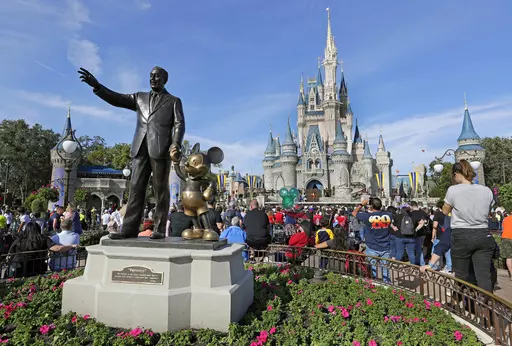 In this Jan. 9, 2019 photo, a statue of Walt Disney and Micky Mouse stands in front of the Cinderella Castle at the Magic Kingdom at Walt Disney World in Lake Buena Vista, Fla. The Walt Disney Co. will be laying off several thousand employees in the week starting Monday, April 24, 2023, a second round of cuts that's part of a previously announced plan to eliminate 7,000 jobs this year. (AP Photo/John Raoux)
